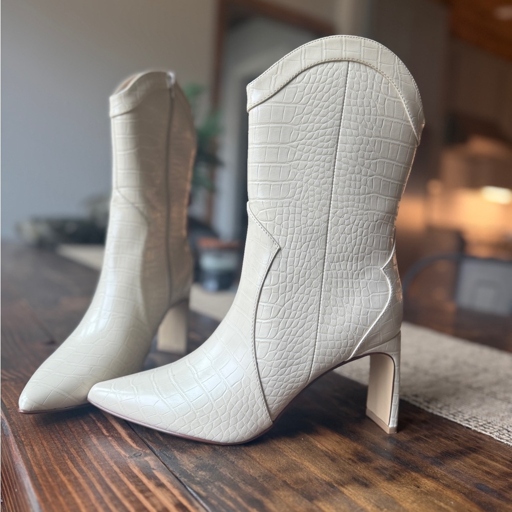 Chic Cream Croc-Embossed Heeled Boots